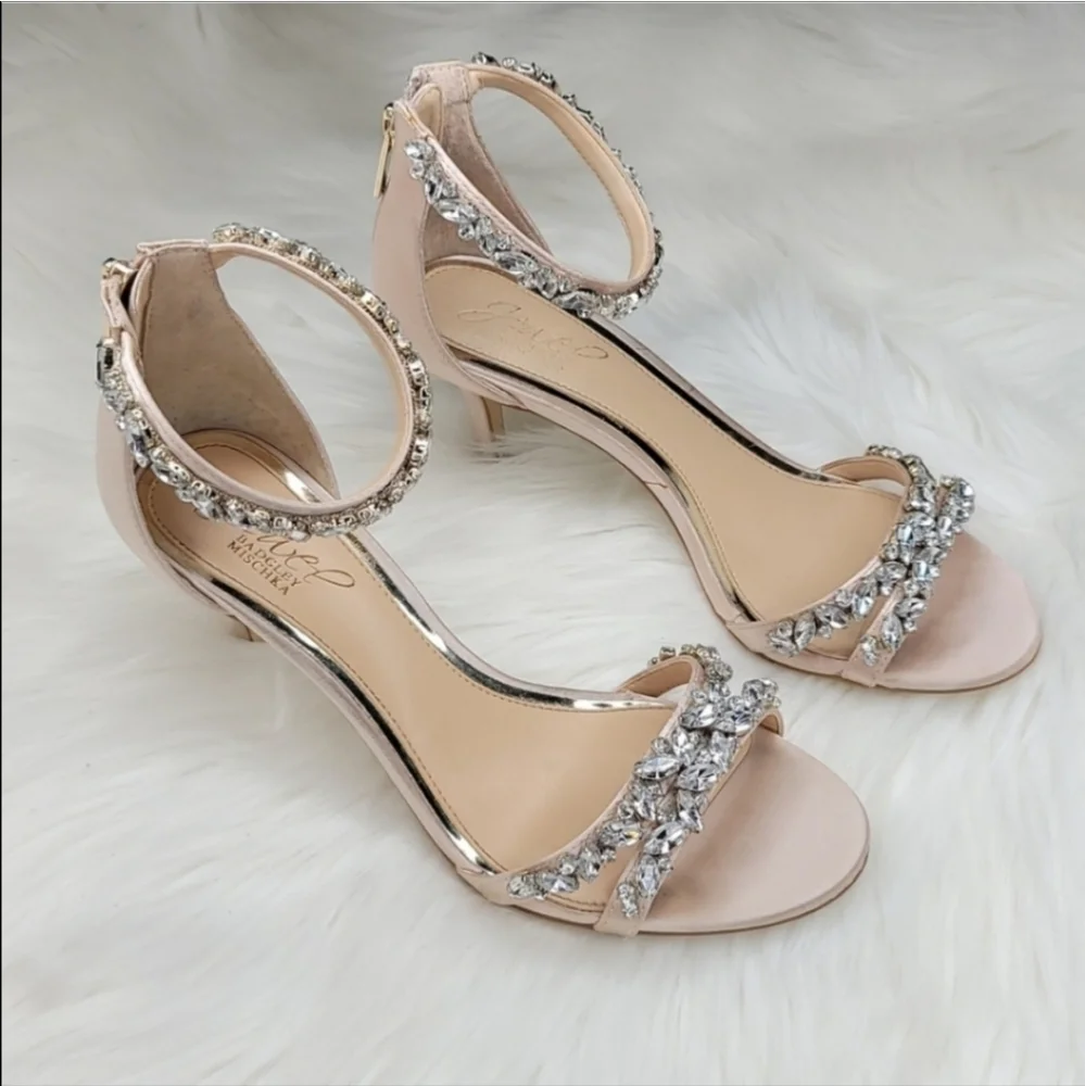 JEWEL BADGLEY MISCHKA Caroline Embellished Strap Evening Shoe Heels Champagne